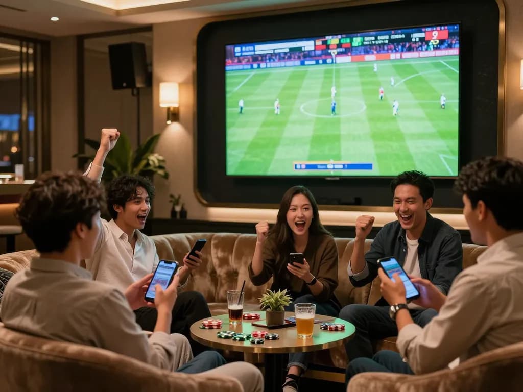Socolive sports fans placing bets and celebrating during a live football match