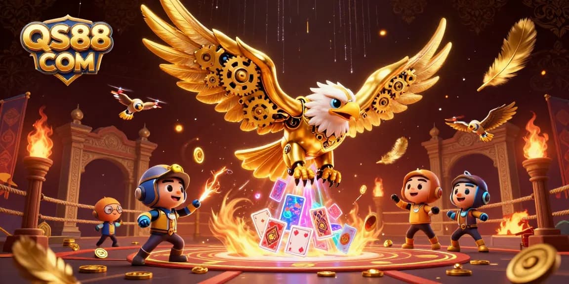 Experience excitement with QS88 COM as a cybernetic eagle dives through vibrant casino elements.