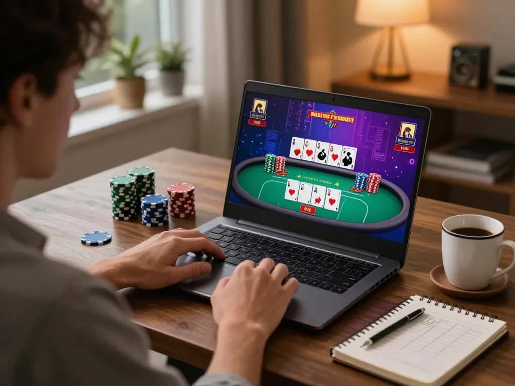 Player strategizing for a big win in 33 WIN online poker game, surrounded by notes and casual decor