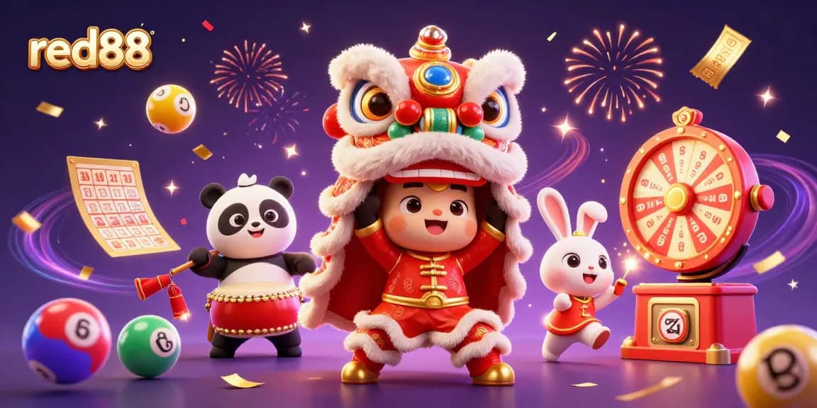 Experience thrilling excitement with red88 in a vibrant lottery-themed festivity illustration.