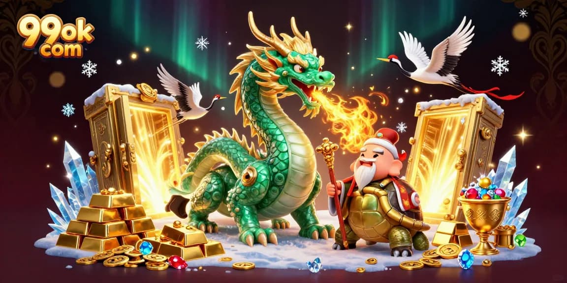 Immerse in 99ok com's vibrant realm with a dragon, turtle sage, and lucky cranes amidst treasures.
