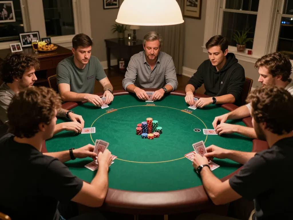 Friends enjoying a lively poker night with f8betz poker chips and cards, capturing the fun of social gambling.