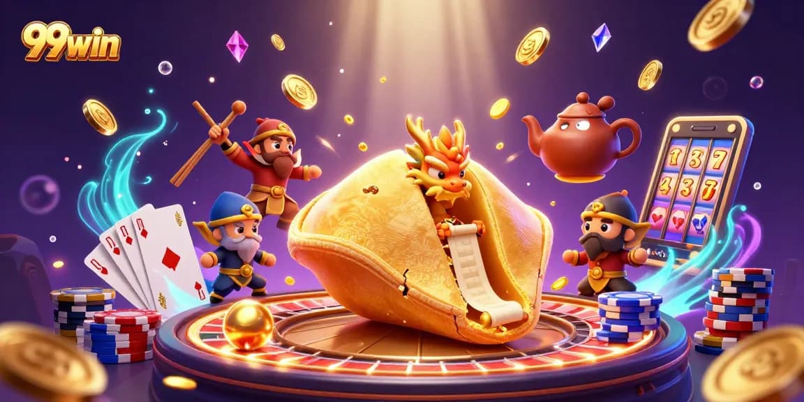 Experience the thrill of 99win with a vibrant casino scene filled with golden treasures and dynamic illustrations.