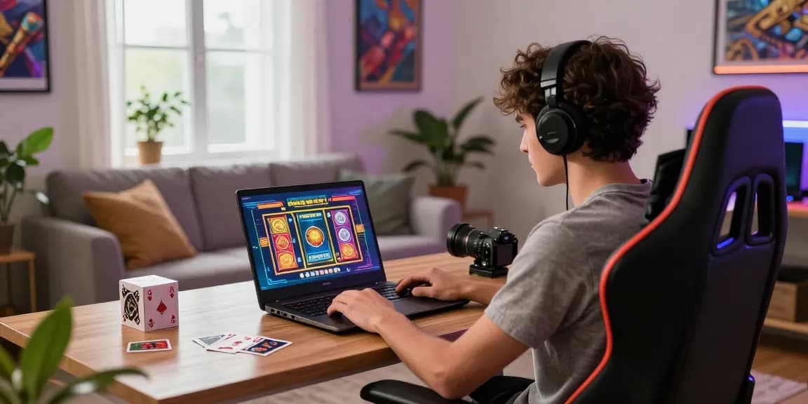 Exciting scene of a player enjoying credit card casinos UK from home with colorful slot games illuminating a comfortable modern living space.