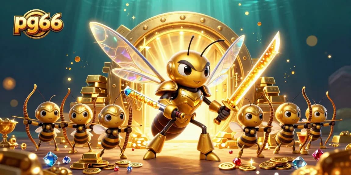 Experience thrilling wins at pg66, featuring a dynamic 3D scene of a hornet in samurai armor amidst golden treasures.