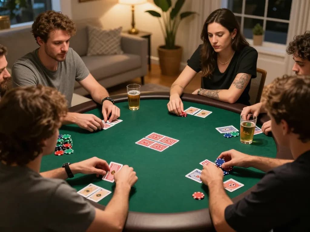Join friends in a lively cm88 poker night at home, showcasing vibrant chips and strategic gameplay.