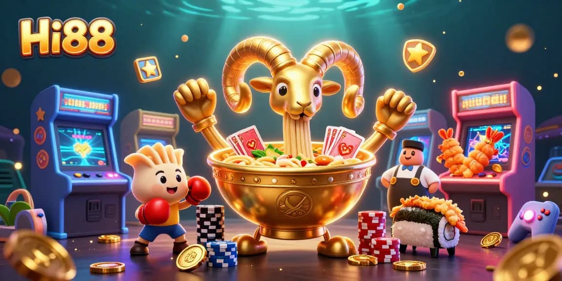 Engage with Hi88 gaming as the golden ramen bowl deals cards and stacks chips in a vibrant casino.