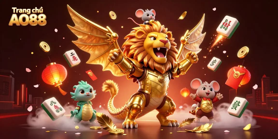 Engage with innovative gaming at Trang chủ AO88, featuring vibrant casino-themed art of a chimera and golden elements.