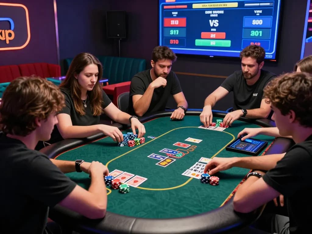Group enjoying a poker game at a modern lounge showcasing rikvip gaming excitement.