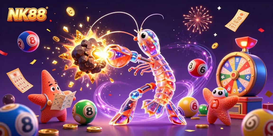 Experience thrilling wins with NK88 in an action-packed 3D casino scene featuring vibrant games and lucky symbols.