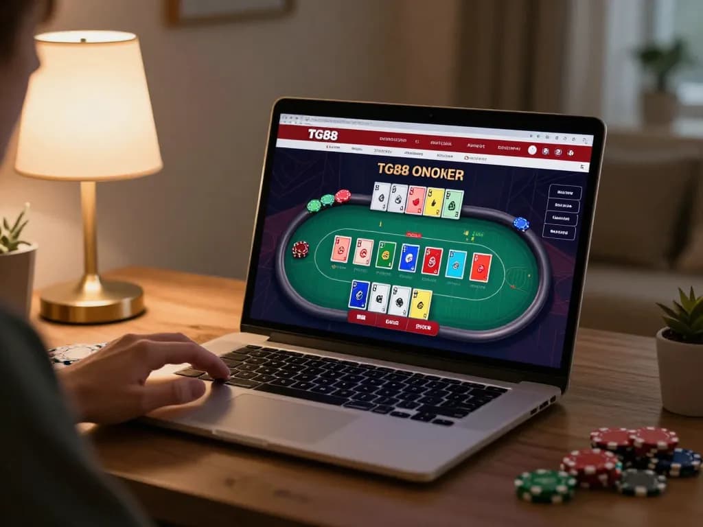 Engaging in poker gameplay at TG88 online casino on a stylish laptop in a cozy home
