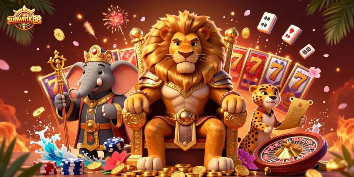 Engage with sunwinx88 while exploring a vibrant online casino scene featuring a royal lion, a wise elephant, and a swift cheetah.