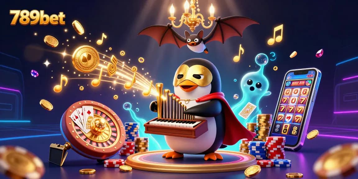 Play and win with 789bet while enjoying golden coins cascading from a phantom opera penguin playing an organ.