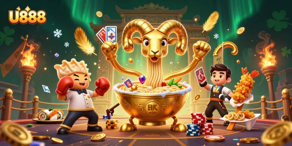 U888's engaging gambling scene with a golden ramen bowl dealer stacking chips and cards amidst spectators