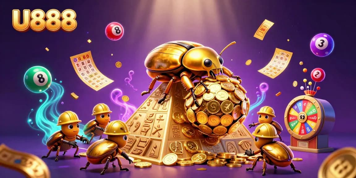 U888 showcases a vibrant 3D scene with golden beetles rolling coins, enhancing the casino excitement.