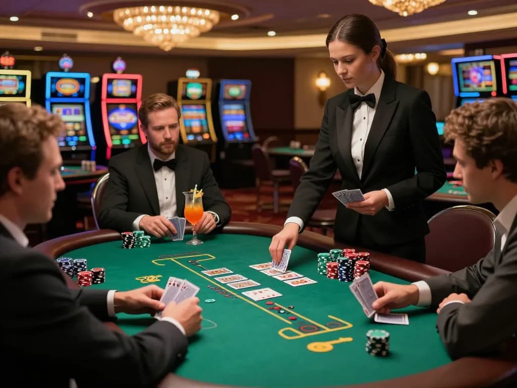 Players enjoying an intense game of blackjack at Vin777's luxurious casino table.