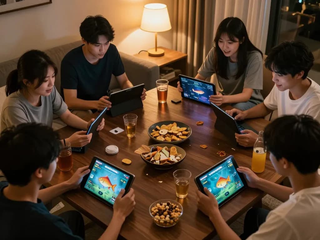 Players enjoy a lively game bắn cá đổi thưởng in a cozy home environment, showcasing excitement and strategy.