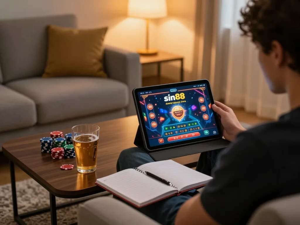 Engaging in sin88 đăng nhập while enjoying a cozy home gaming experience with a tablet.