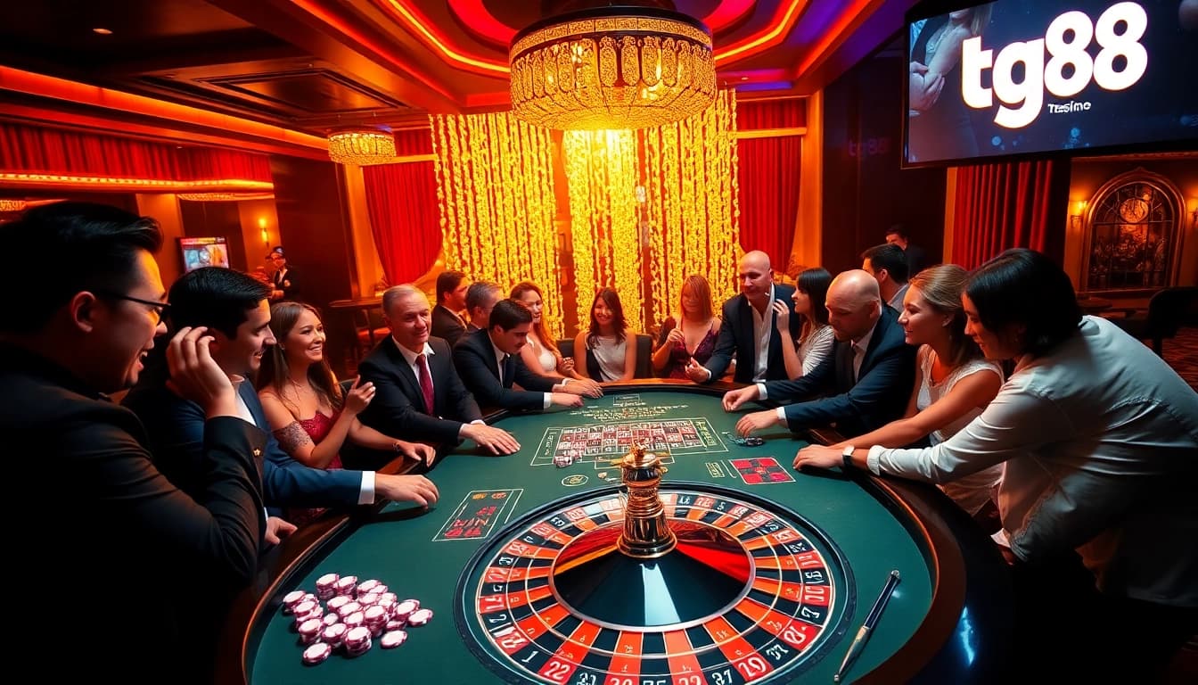 Players excitedly gamble at the tg88 table with vibrant roulette and poker chips.