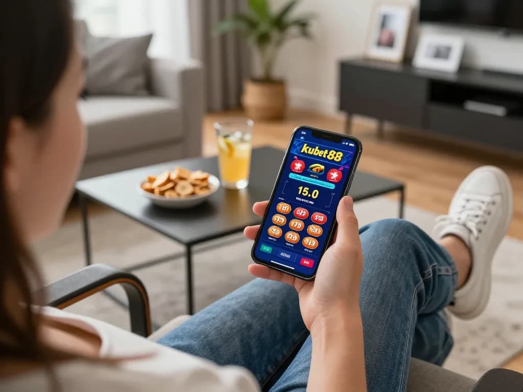Engaging mobile gaming session with kubet88 app on smartphone in a cozy living room