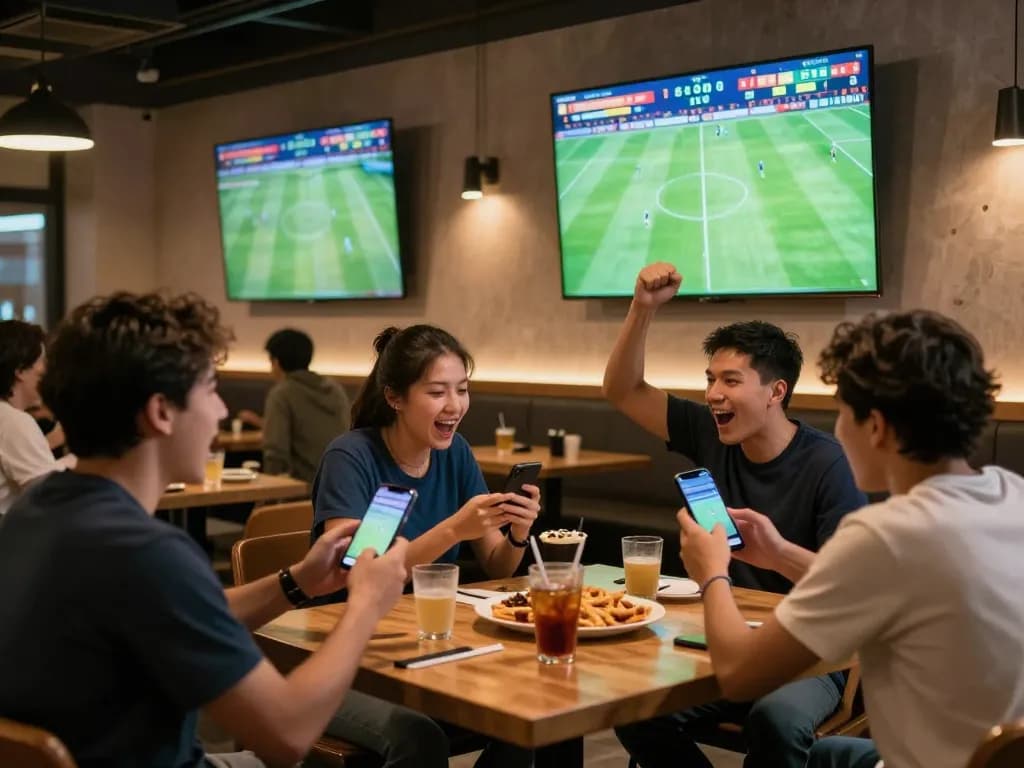 Fans actively checking kết quả bóng đá live scores on smartphones in a vibrant sports bar atmosphere
