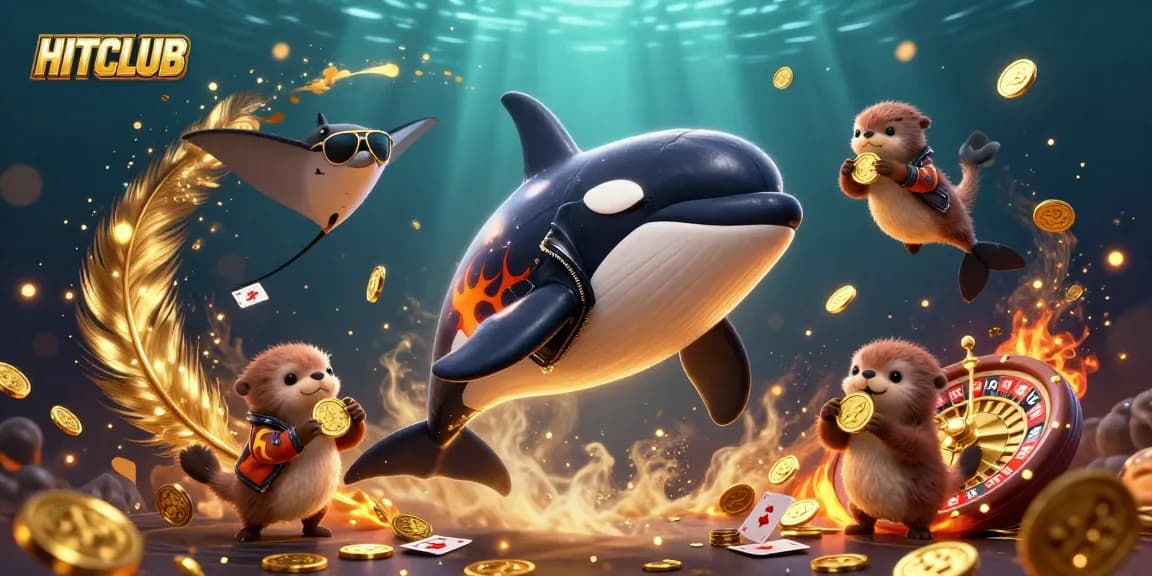 Engage in the HITCLUB adventure with a dynamic scene featuring characters enjoying casino-themed elements.