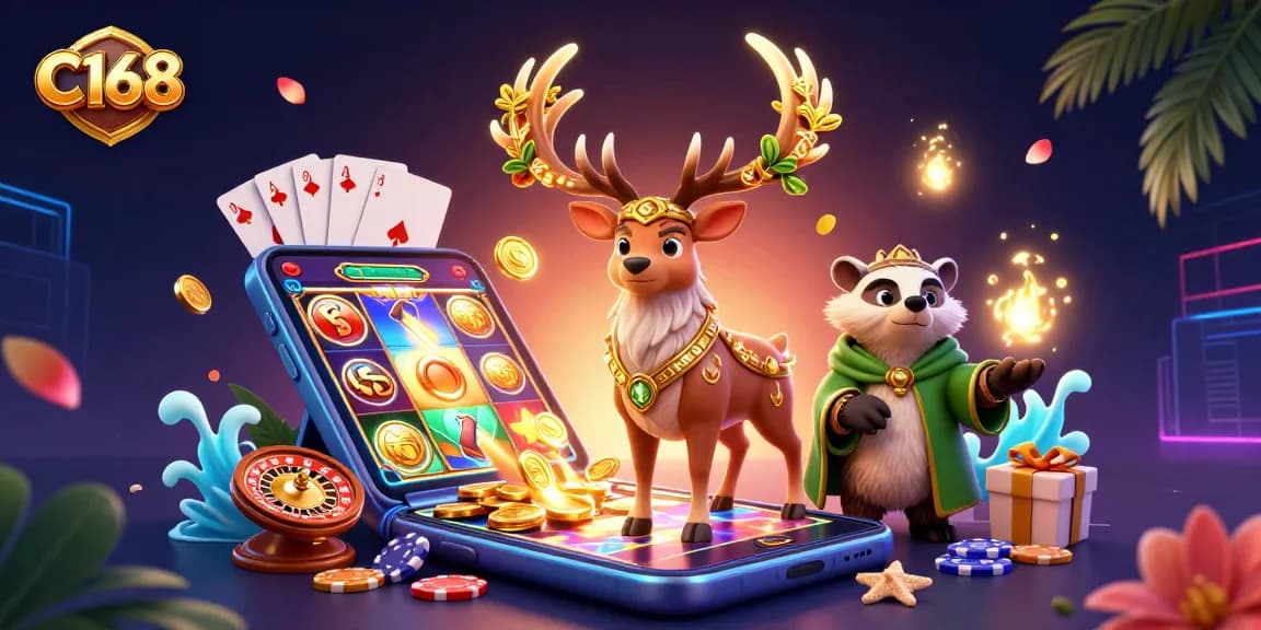 C168 features a dynamic scene with vibrant casino elements, including spinning slots and glowing coins.