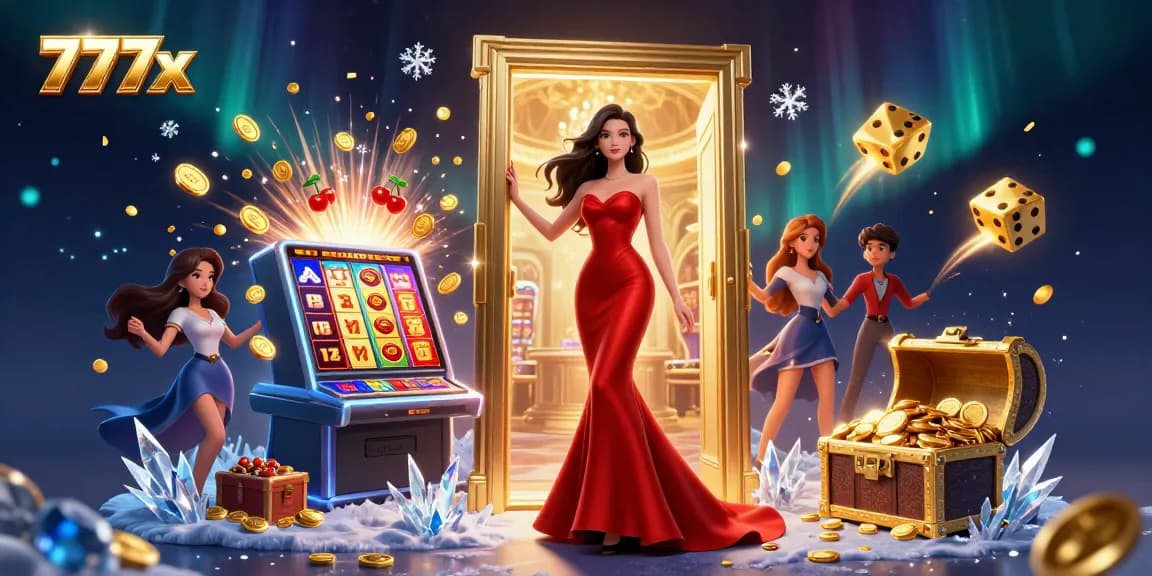 Experience the excitement of 777x with a dazzling Asian woman in a VIP casino, featuring rich gaming elements.
