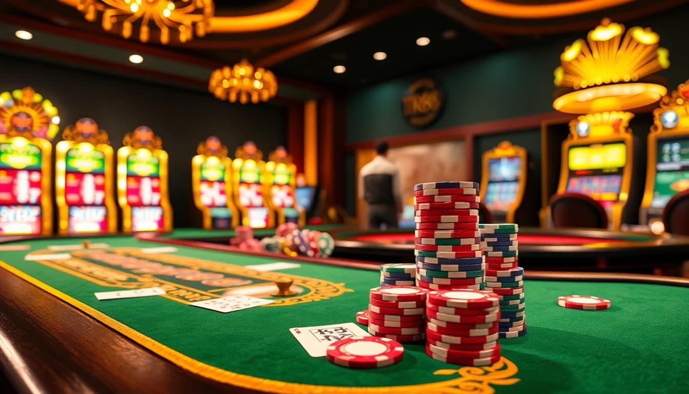 Players enjoy thrilling TR88-themed games at a luxury casino table with vibrant chips and roulette wheel.