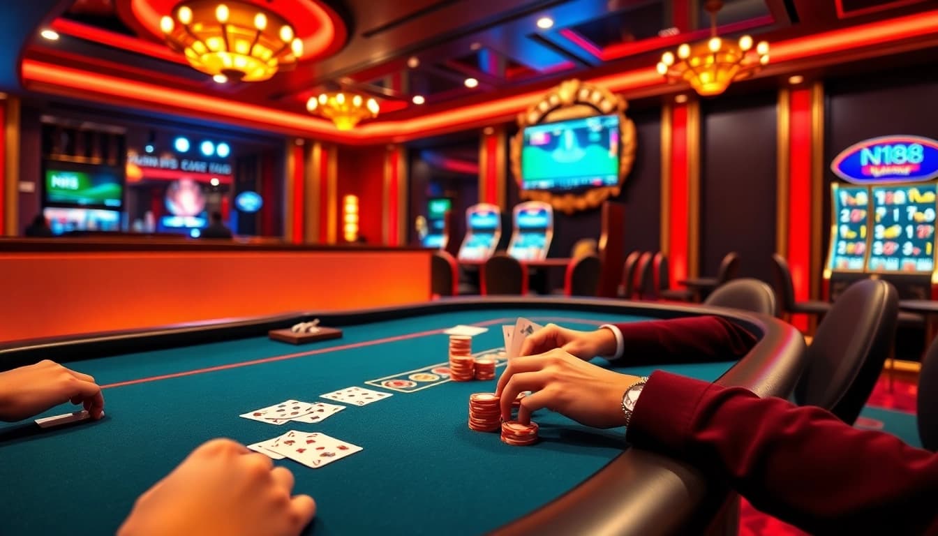 Experience the excitement of gambling at https://n188.bid/ showcasing an upscale online poker table and vibrant casino elements.