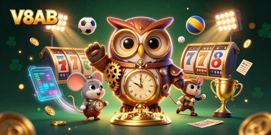 Experience the immersive gameplay of V8AB, featuring a whimsical scene with a time-traveling owl in a casino setting.