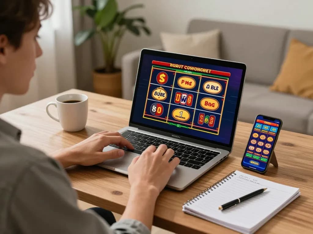 cm88 online gaming session with player using laptop and mobile device in a cozy home setup