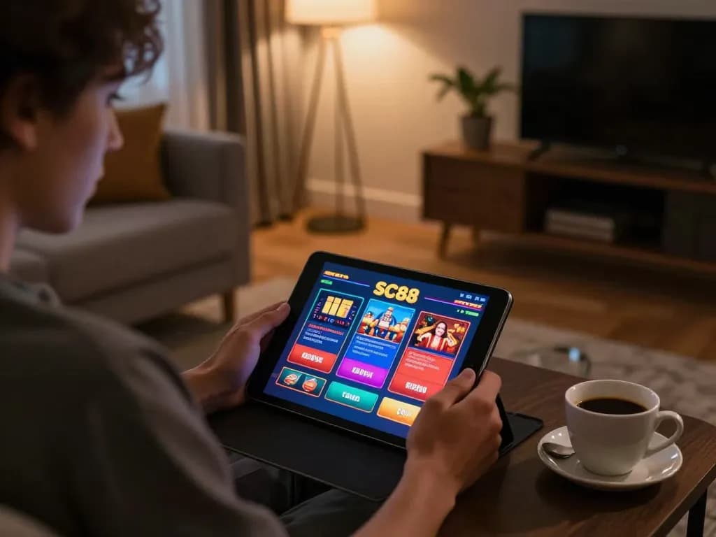 Engaging in sc88 casino games from the comfort of home, showcasing online gaming excitement.