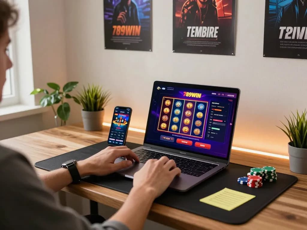 Engaging with the 789WIN online casino during a strategic gaming session at home, showcasing excitement and focus.