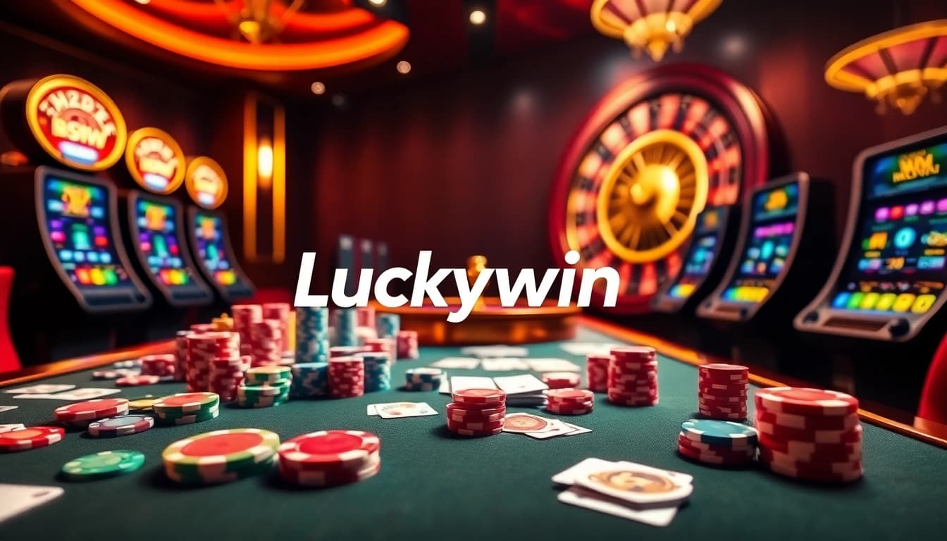 Luckywin online casino scene featuring poker chips, cards, and slot machines in a vibrant setting.