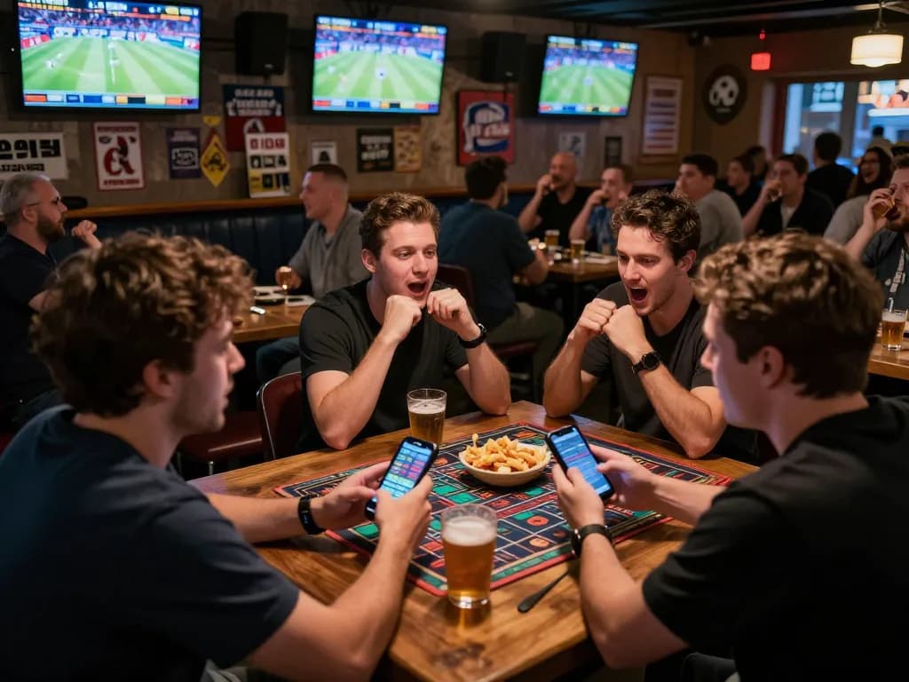 Engaging sports fans enjoying kèo nhà cái betting action on smartphones in a vibrant bar setting