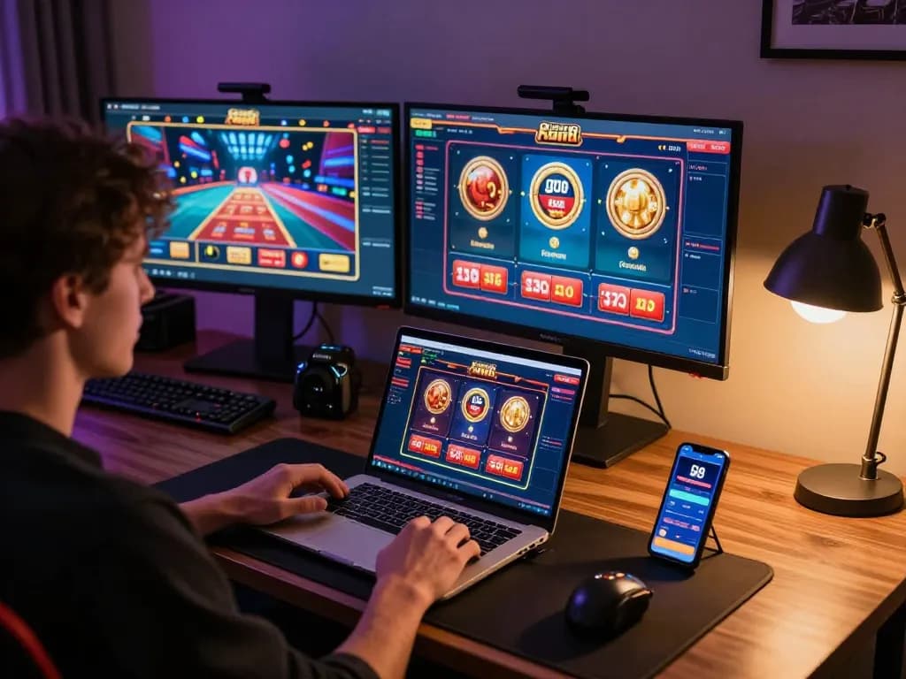 Engaged player using go8 casino app while analyzing strategies at a modern gaming setup.