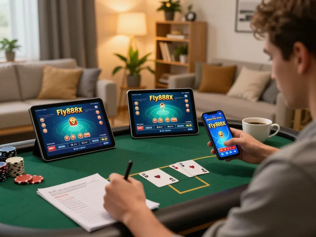 Player engaged with fly888x online poker interface in a cozy home setting, showcasing strategic gameplay and relaxed entertainment