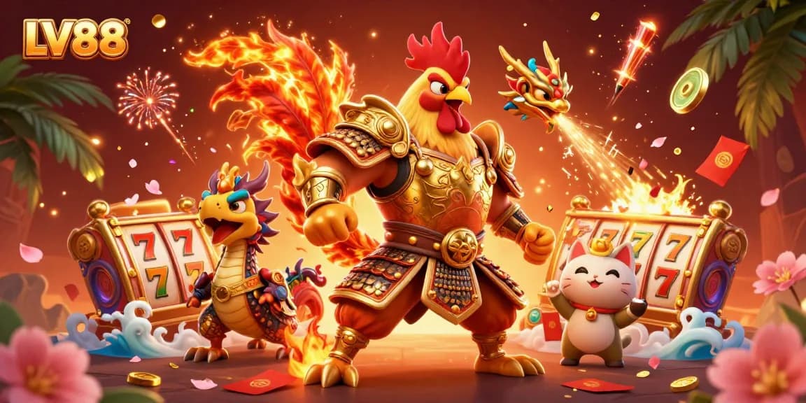 Experience the thrill of LV88 online casino with a powerful rooster warrior and an armored dragon amidst dynamic slot elements.