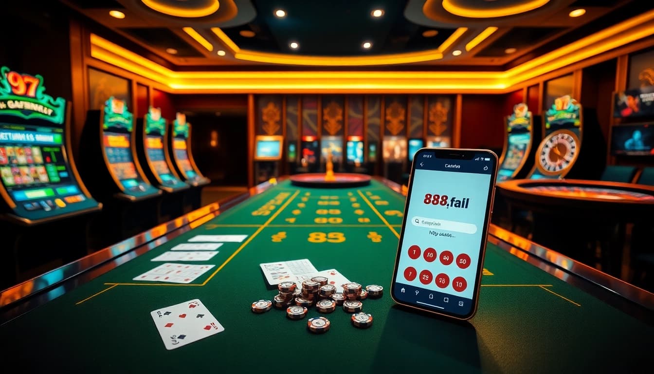 A vibrant casino scene showcasing online gambling with luxurious elements at https://88aa.fail/ featuring gaming tables, poker chips, and slot machines.