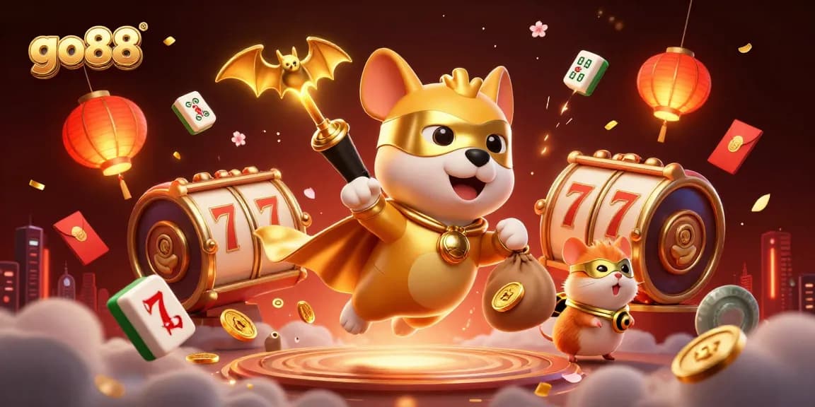 Experience excitement with go88 as a superhero dog soars with gold coins amidst dazzling slots and casino symbols.