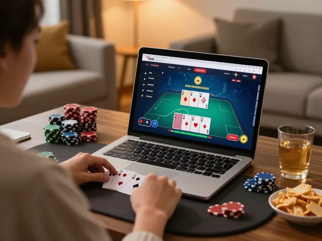 A person plays live poker online at luckywin com from a cozy living room, showcasing the online gaming atmosphere.