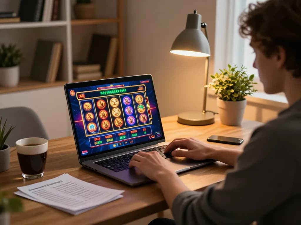 Engaged player at nhà cái jun88, enjoying exciting slot games on a laptop in a cozy home environment.