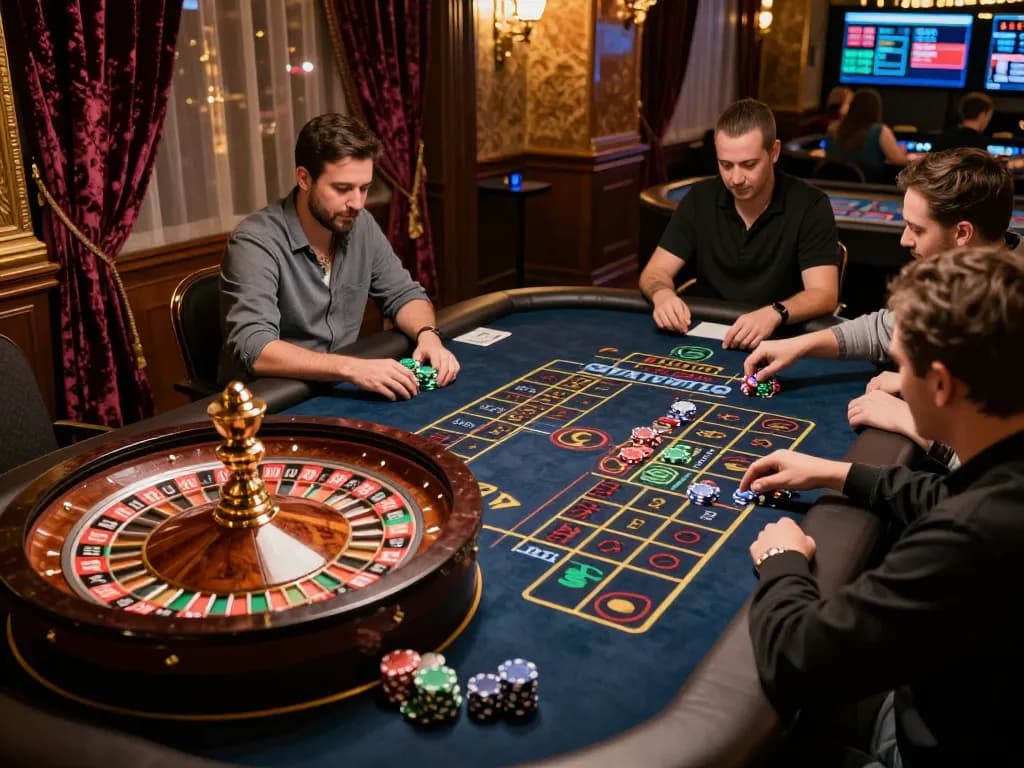 Luck8 players enjoying live roulette gaming experience in an upscale casino environment