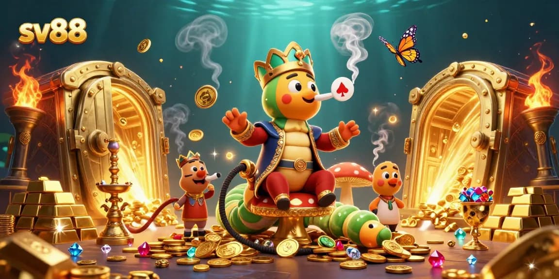 Experience sv88 with thrilling poker symbols and golden treasures in a captivating casino scene.