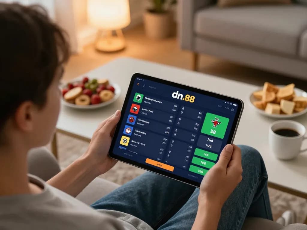 Person analyzing live sports betting odds on dn 88 app in a cozy living room setting.