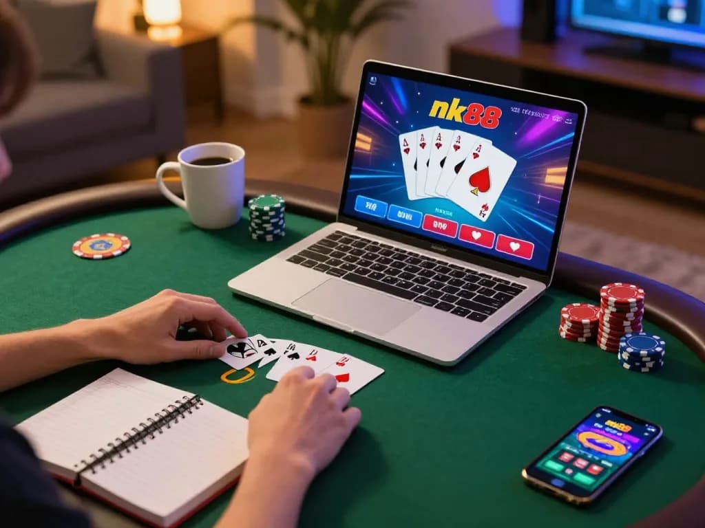 Player enjoying nk88 online poker game with colorful interface and gaming strategy notes.