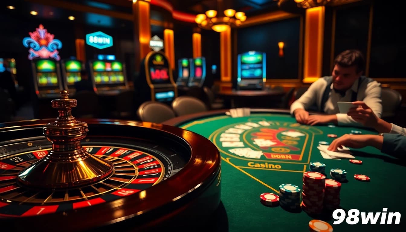 Experience the excitement of winning at 98win's vibrant casino, featuring roulette and poker.