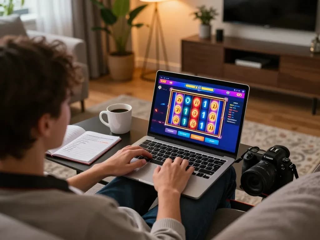 Playing exciting online casino games at home with o8 app on a laptop, accompanied by coffee and betting notes.