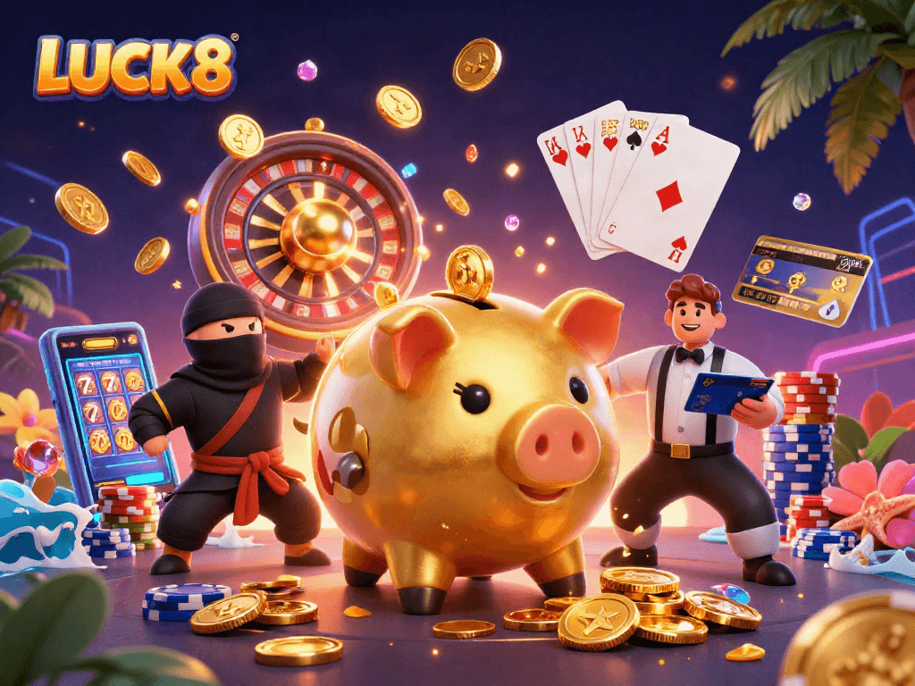 Mô tả hình ảnh về LUCK8 với đấu sĩ sumo heo vàng và đối thủ ninja, bay lượn kim cương và tiền xu